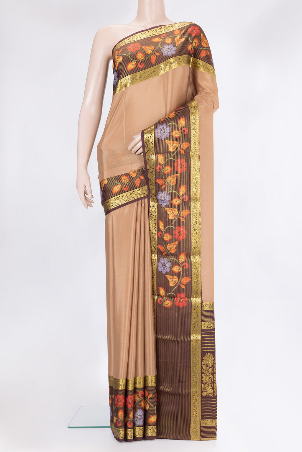 Dark Beige Mysore Silk Saree with Plain Body and Fancy Border.  displayed on a mannequin
