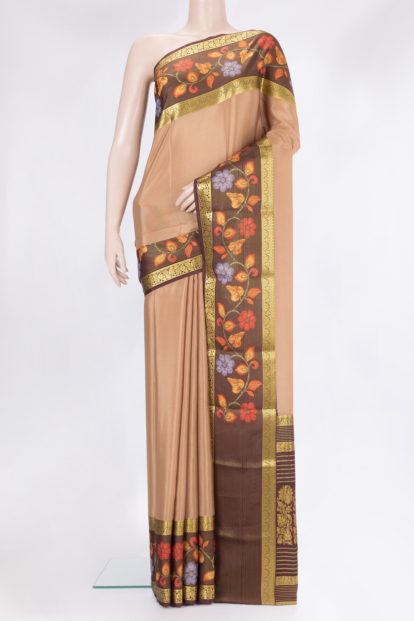 Dark Beige Mysore Silk Saree with Plain Body and Fancy Border.  displayed on a mannequin