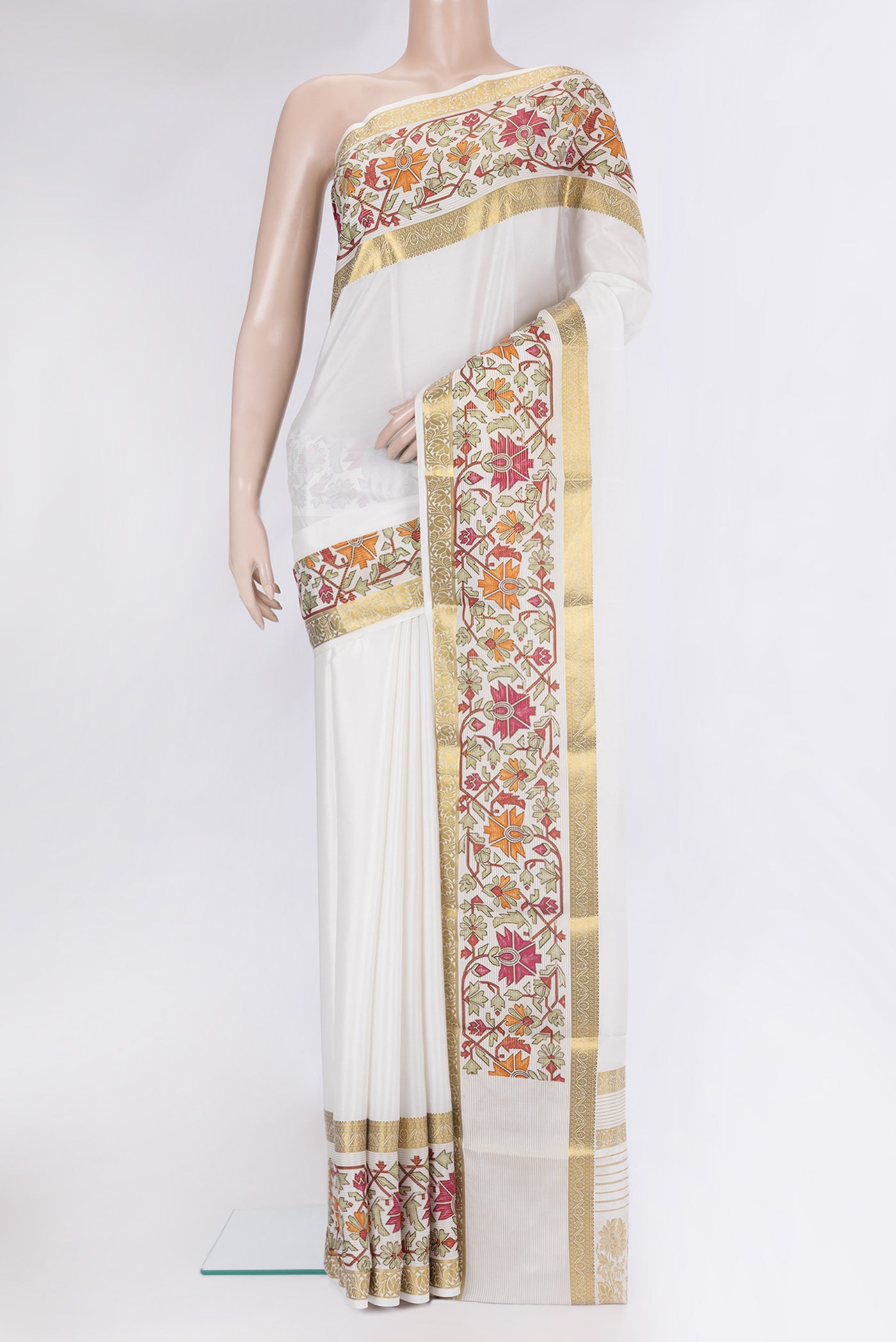 Off White Mysore Silk Saree with Plain Body and Fancy Border.  displayed on a mannequin