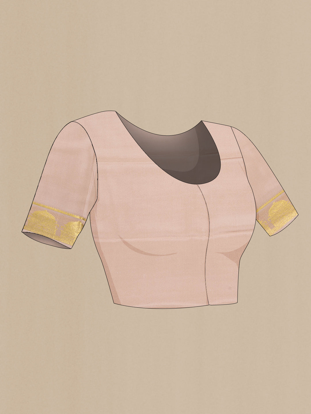 Close up image of the blouse of Beige Mysore Crepe Saree with Plain Body and Fancy Border. 