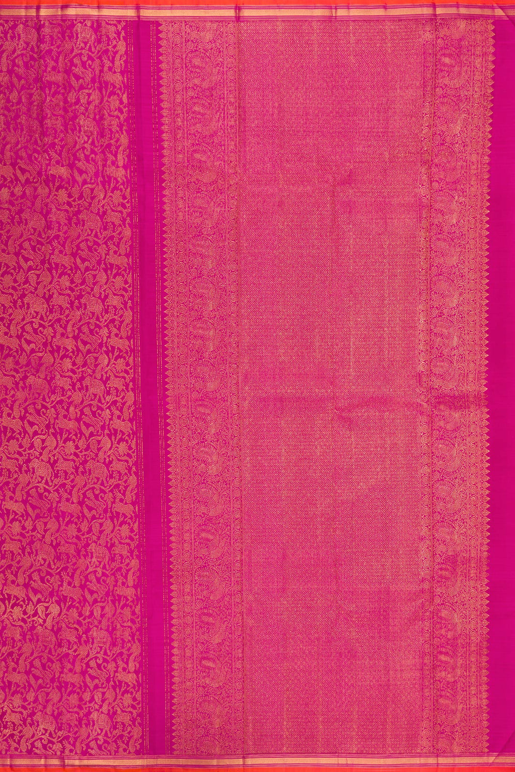 Close up image of the pallu of Magenta Kanjivaram Silk Saree with Zari Brocade on the body and Zari Border. 