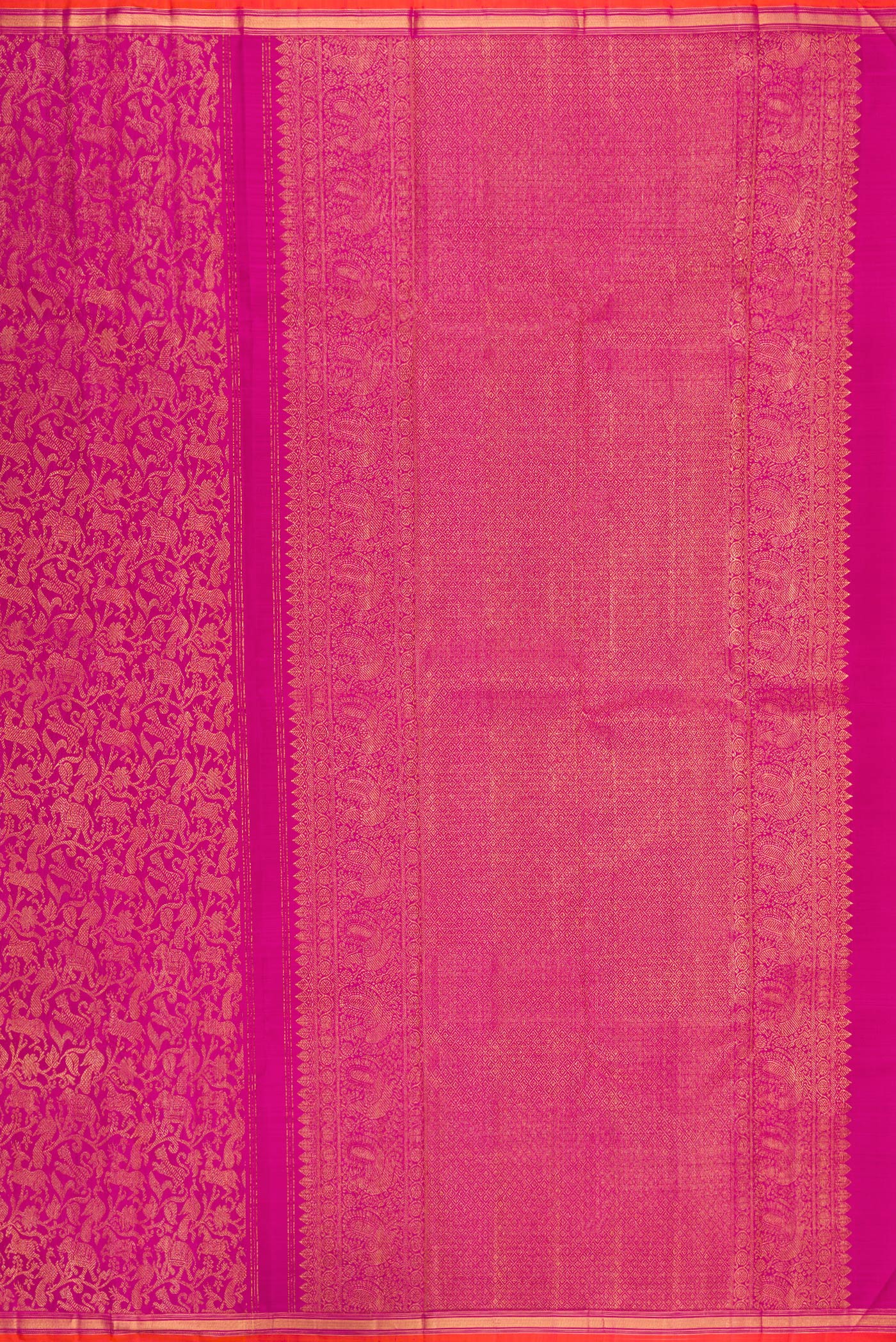 Close up image of the pallu of Magenta Kanjivaram Silk Saree with Zari Brocade on the body and Zari Border. 