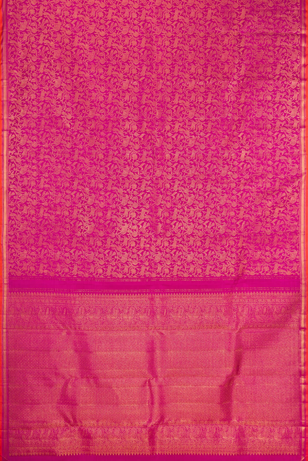 Flat view of Magenta Kanjivaram Silk Saree with Zari Brocade on the body and Zari Border. 
