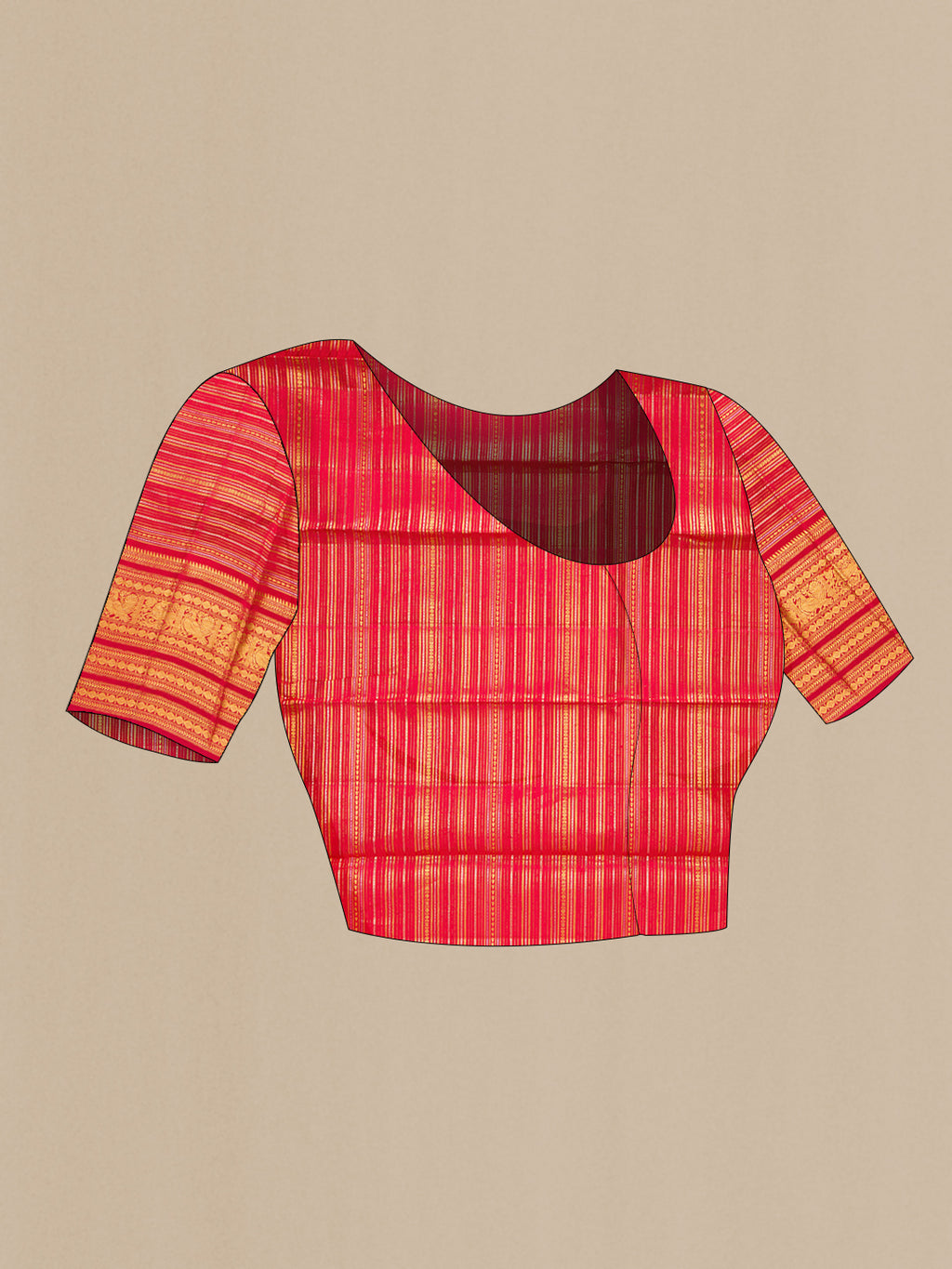 Close up image of the blouse of Pure Silk Red Kanchipuram Saree with Zari Brocade on the body and Fancy Border. 