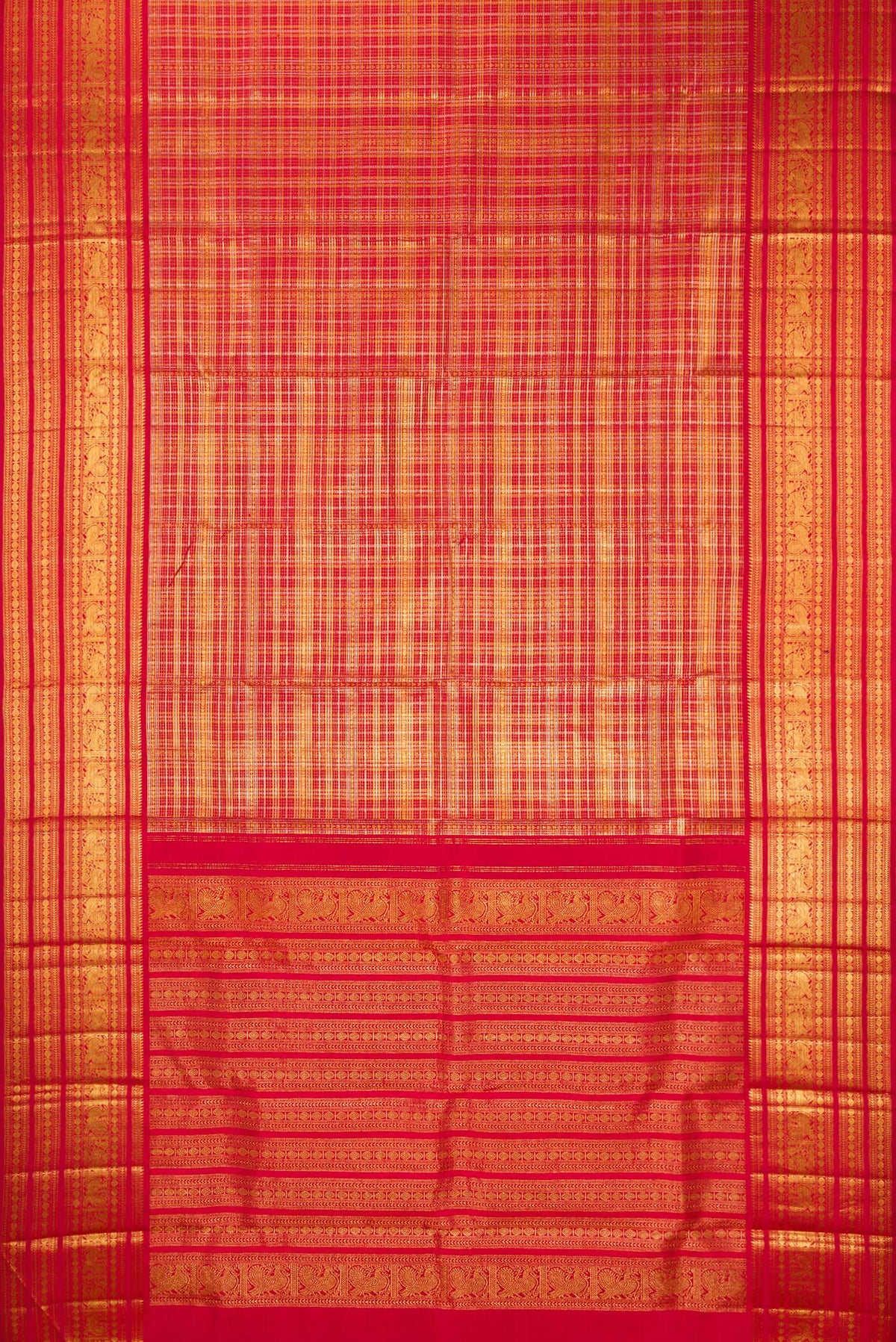 Flat view of Pure Silk Red Kanchipuram Saree with Zari Brocade on the body and Fancy Border. 