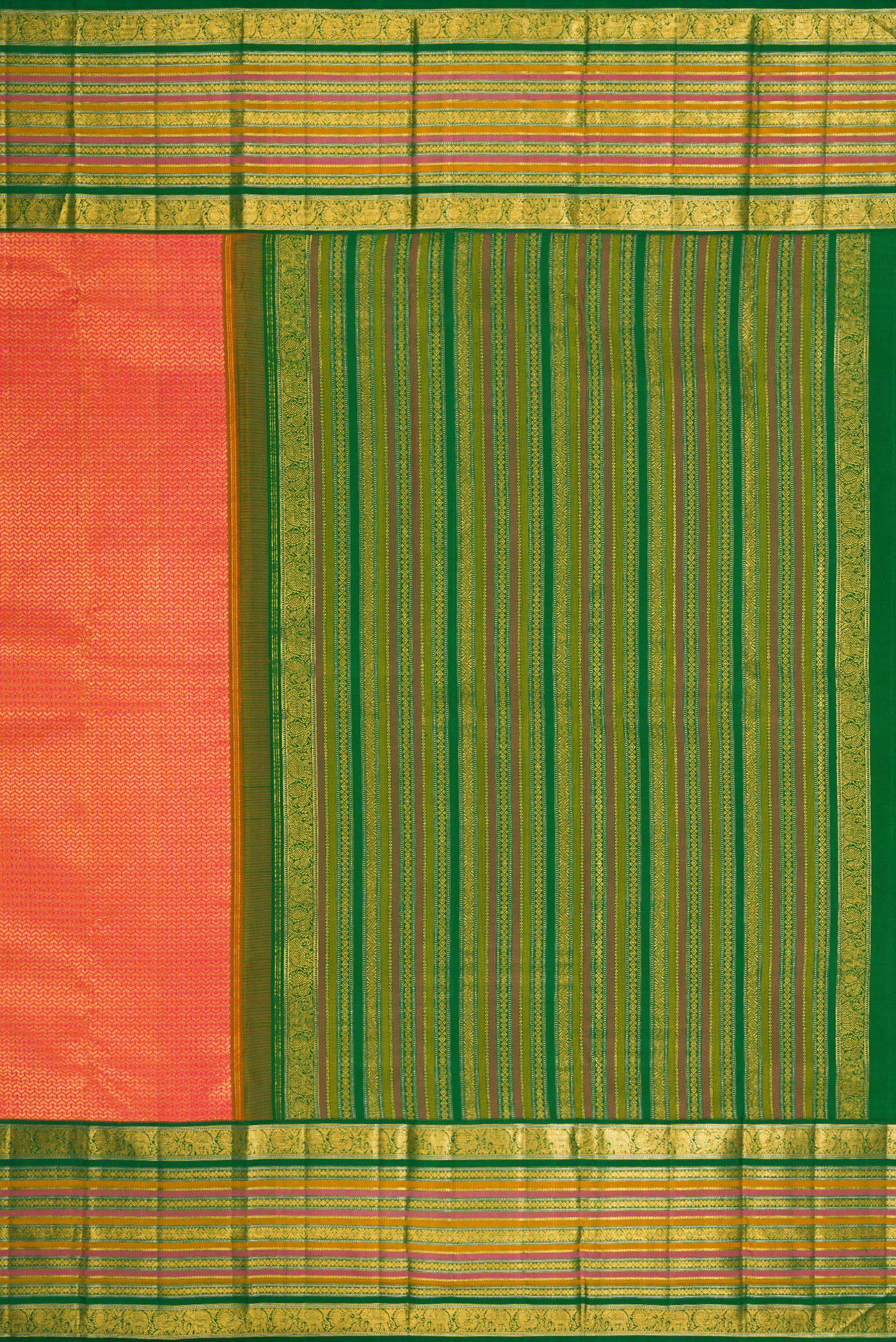 Close up image of the pallu of Orange Dual Tone Kanchipuram Silk Saree with Zari Brocade on the body and Zari Border. 
