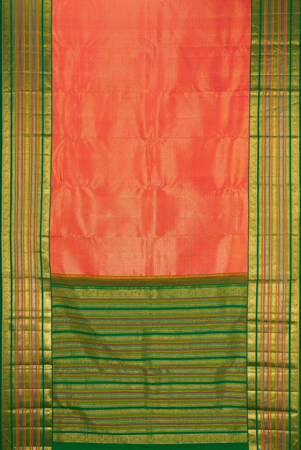 Flat view of Orange Dual Tone Kanchipuram Silk Saree with Zari Brocade on the body and Zari Border. 