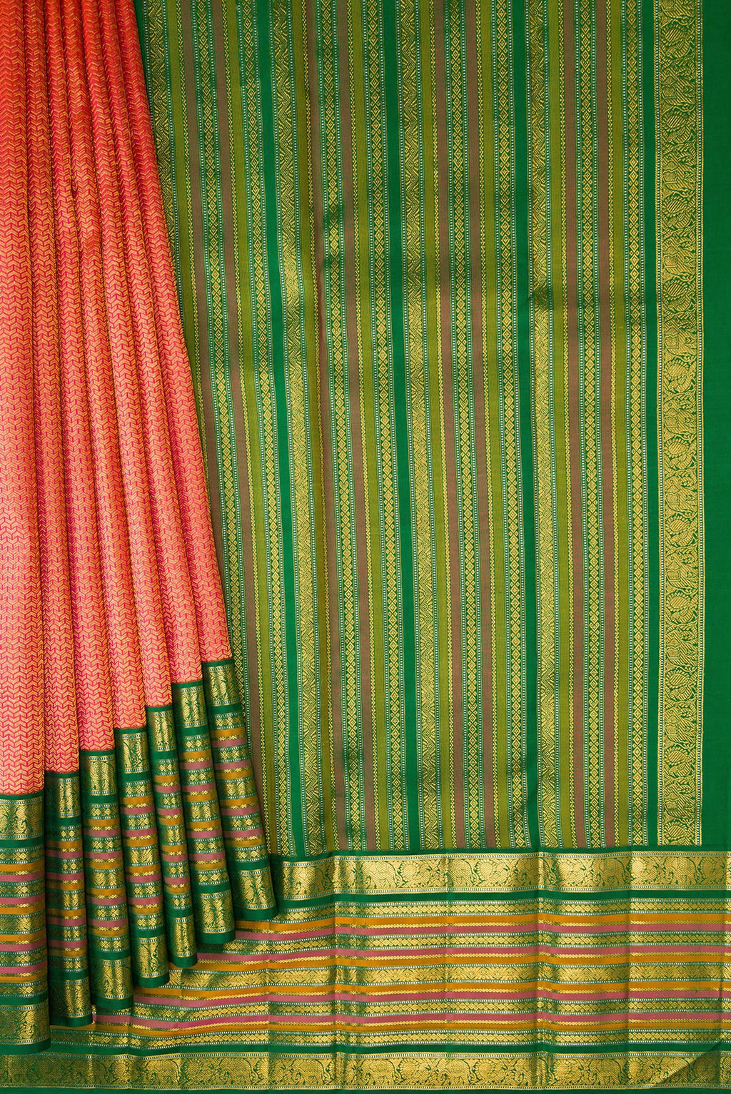 Pleats and pallu of Orange Dual Tone Kanchipuram Silk Saree with Zari Brocade on the body and Zari Border. 