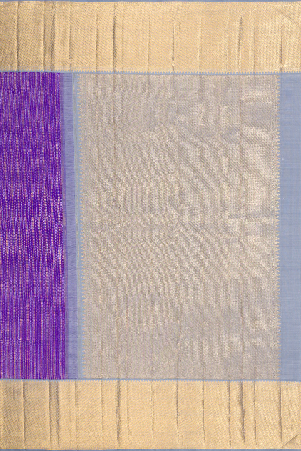Close up image of the pallu of Violet Kanchipuram Silk Saree with Zari Brocade on the body and Zari Border. 