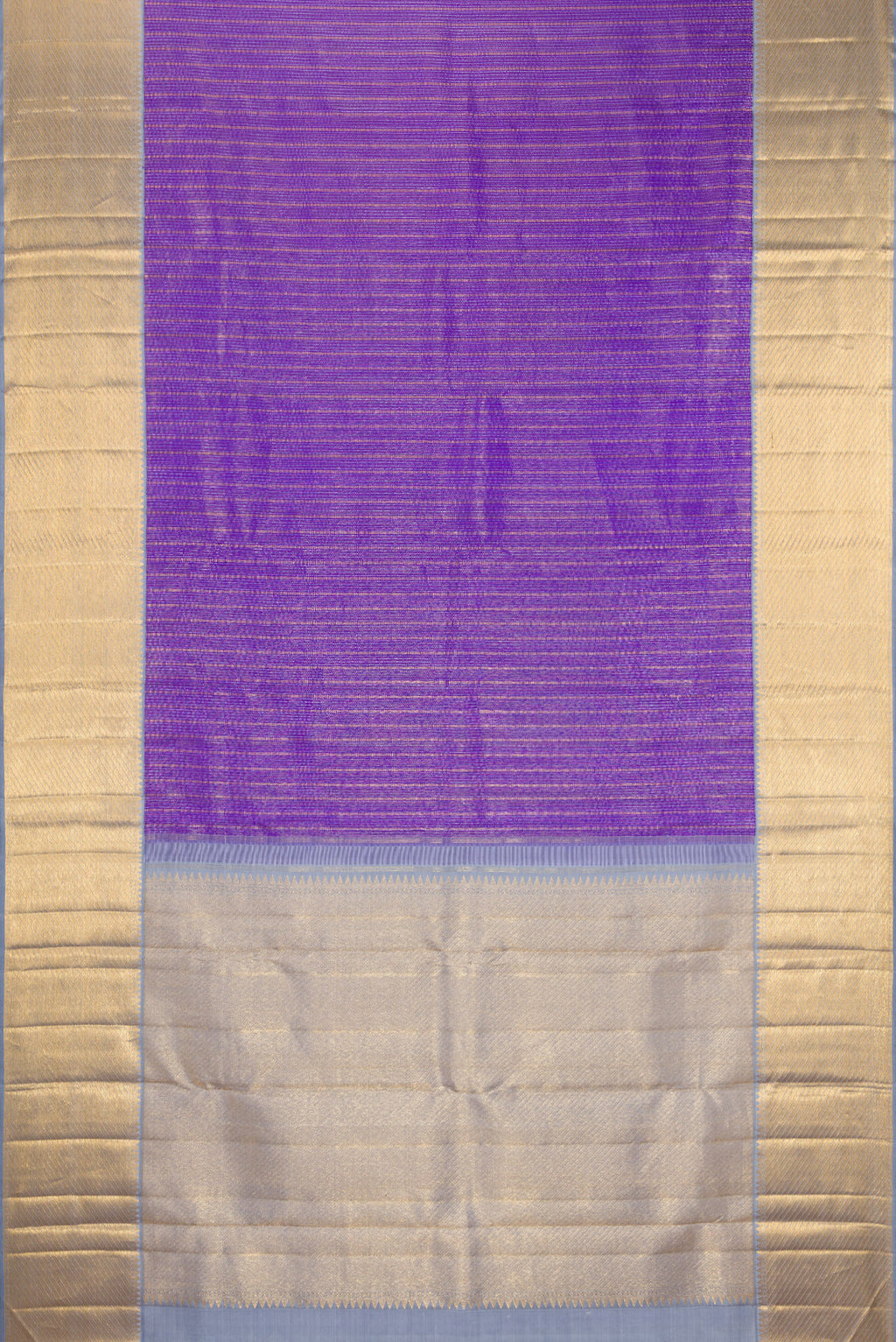Flat view of Violet Kanchipuram Silk Saree with Zari Brocade on the body and Zari Border. 