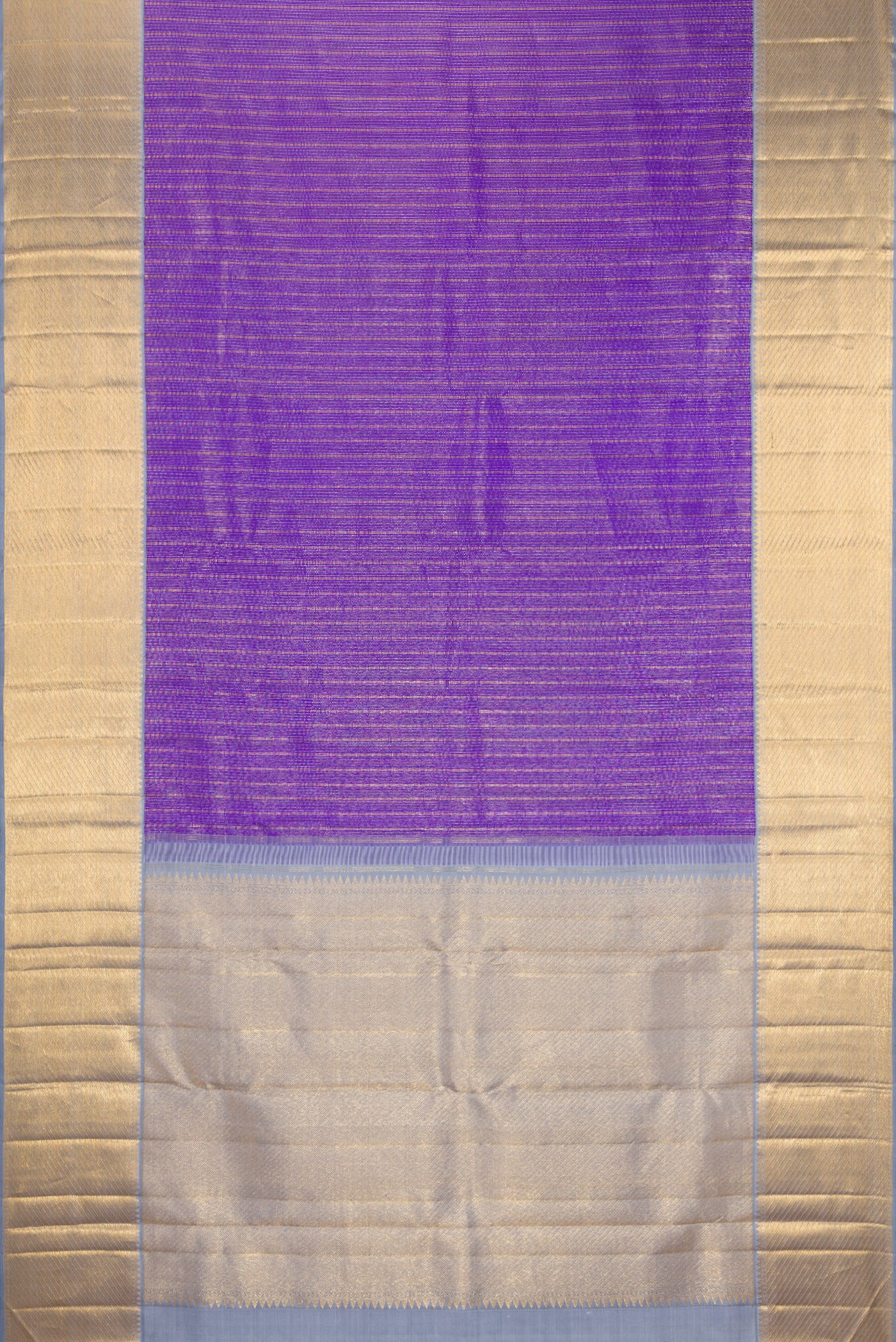 Flat view of Violet Kanchipuram Silk Saree with Zari Brocade on the body and Zari Border. 
