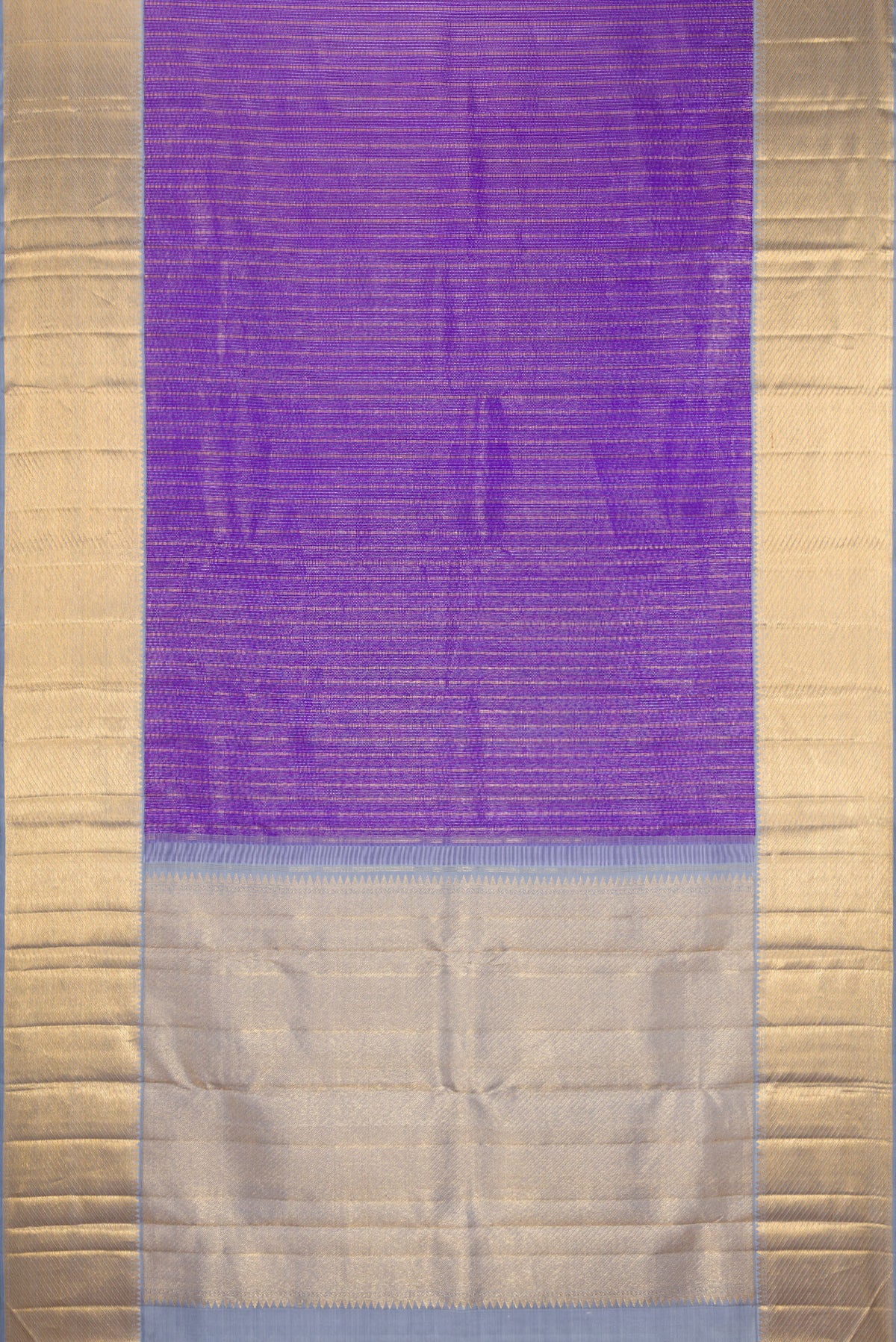 Flat view of Violet Kanchipuram Silk Saree with Zari Brocade on the body and Zari Border. 