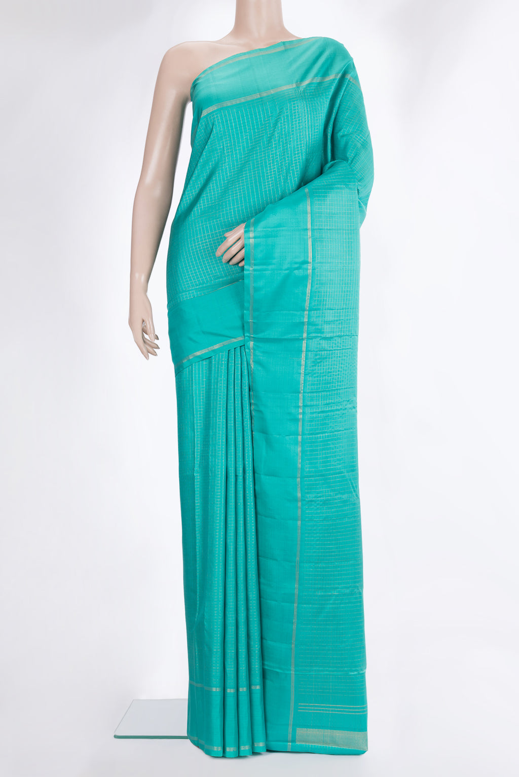 Pure Silk Sky Blue Dual Tone Kanchipuram Saree with Checked design on the body and Zari Border.  displayed on a mannequin