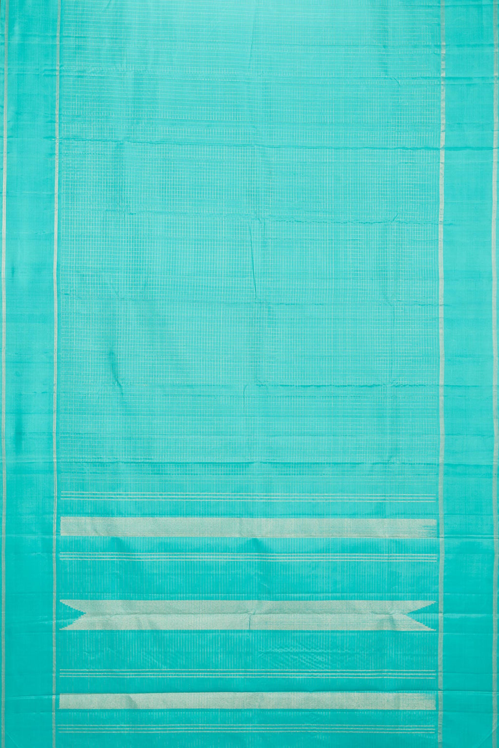 Flat view of Pure Silk Sky Blue Dual Tone Kanchipuram Saree with Checked design on the body and Zari Border. 