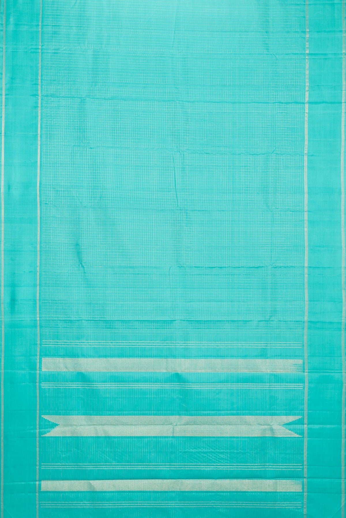 Flat view of Pure Silk Sky Blue Dual Tone Kanchipuram Saree with Checked design on the body and Zari Border. 