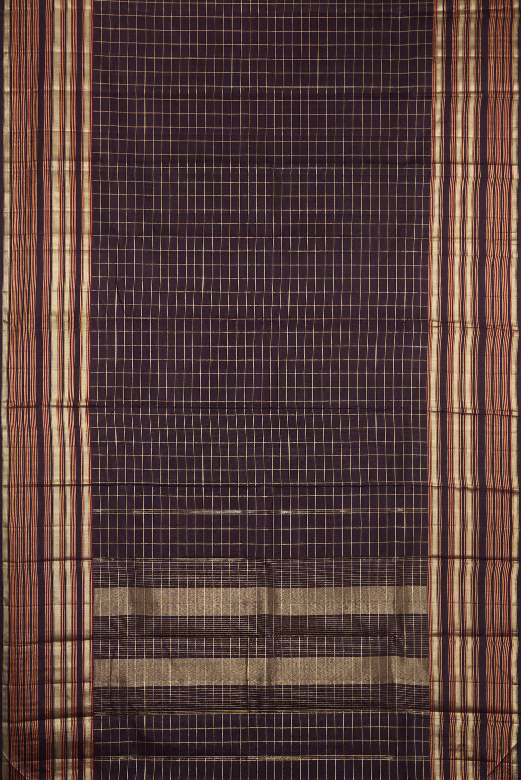 Flat view of Coffee Brown Kanjivaram Silk Saree with Checked design on the body and Zari Border. 