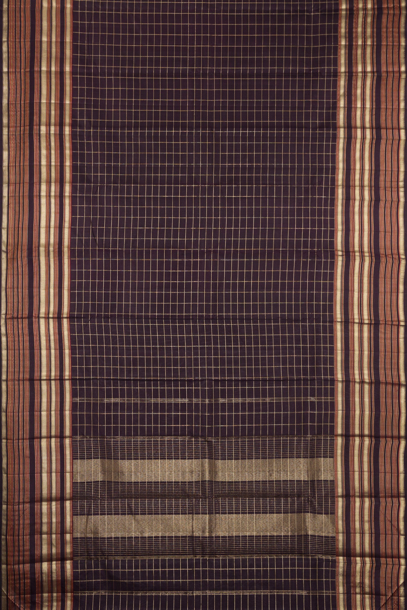 Flat view of Coffee Brown Kanjivaram Silk Saree with Checked design on the body and Zari Border. 