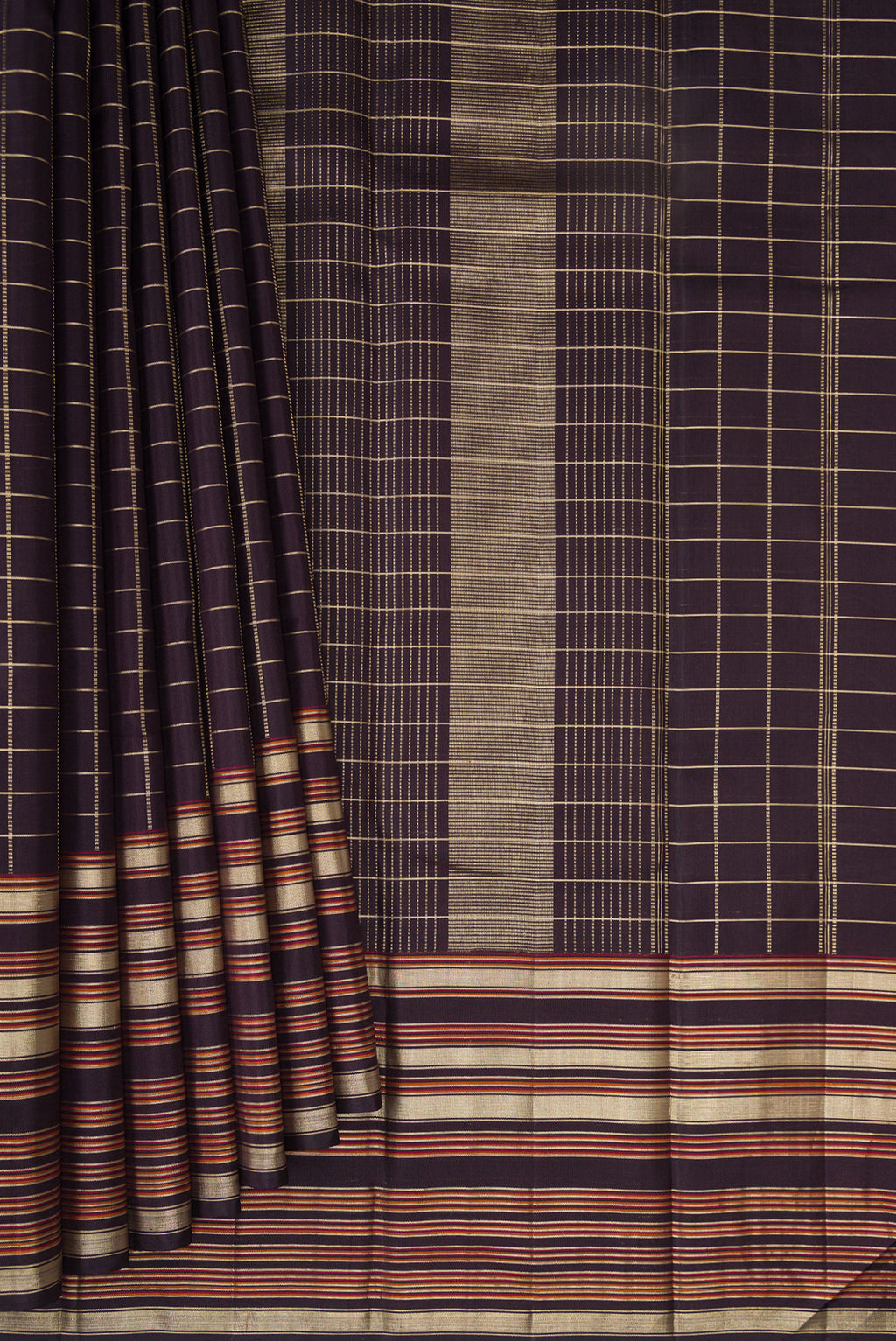 Pleats and pallu of Coffee Brown Kanjivaram Silk Saree with Checked design on the body and Zari Border. 