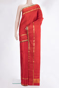 Pure Silk Red Dual Tone Kanchipuram Saree with Checked design on the body and Zari Border.  displayed on a mannequin