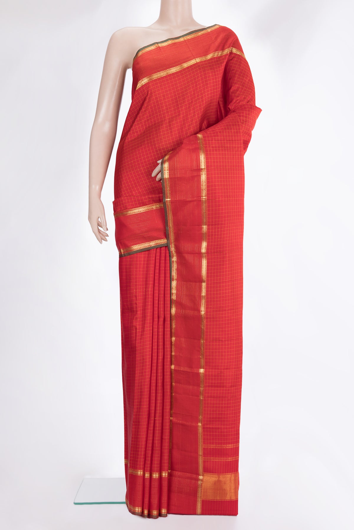 Pure Silk Red Dual Tone Kanchipuram Saree with Checked design on the body and Zari Border.  displayed on a mannequin