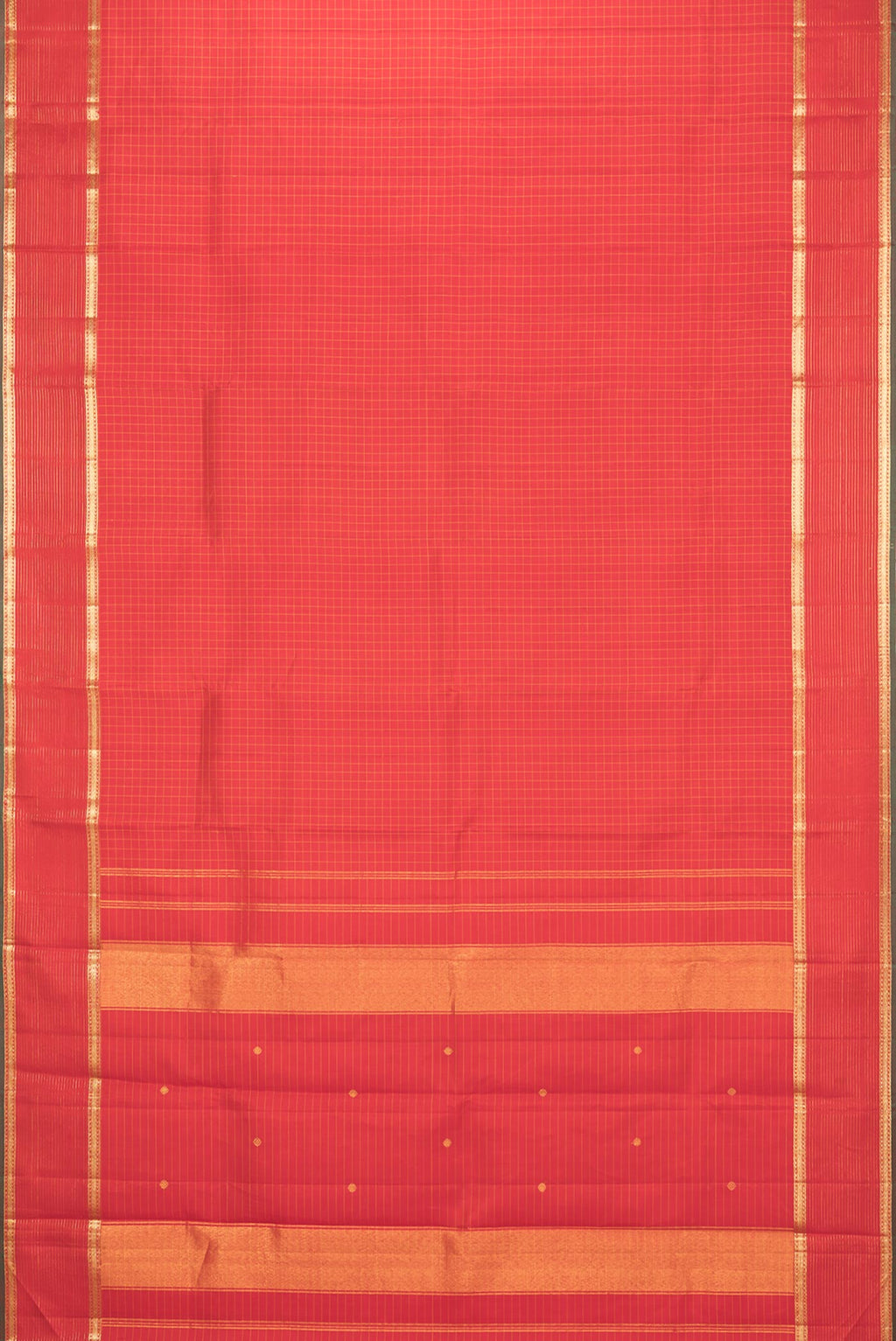 Flat view of Pure Silk Red Dual Tone Kanchipuram Saree with Checked design on the body and Zari Border. 