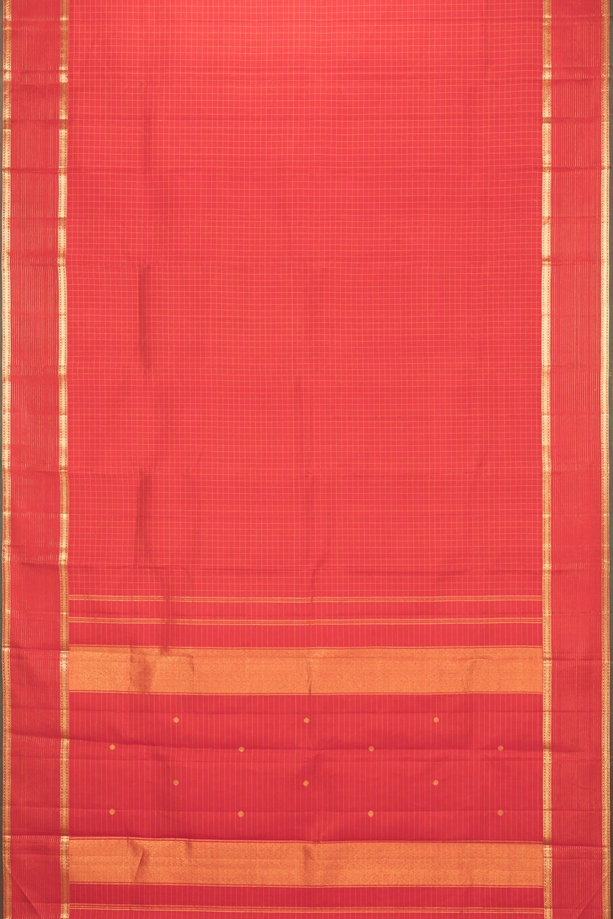 Flat view of Pure Silk Red Dual Tone Kanchipuram Saree with Checked design on the body and Zari Border. 