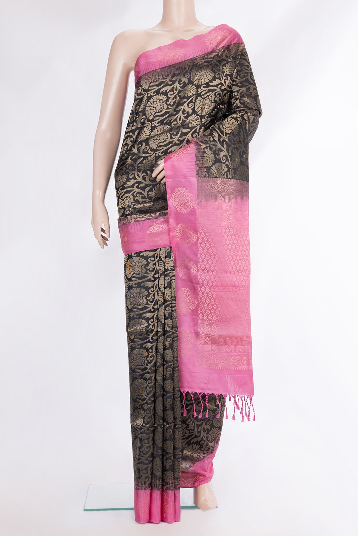 Pure Silk Black Dual Tone Soft Saree with Zari Brocade on the body and Fancy Border.  displayed on a mannequin