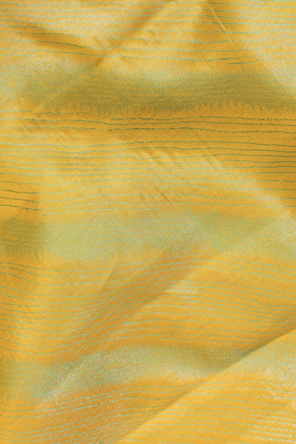 Close up of Pure Silk Mustard Dual Tone Kanjivaram Saree with Zari Brocade on the body and Temple Border.  displaying folds