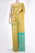 Pure Silk Mustard Dual Tone Kanjivaram Saree with Zari Brocade on the body and Temple Border.  displayed on a mannequin