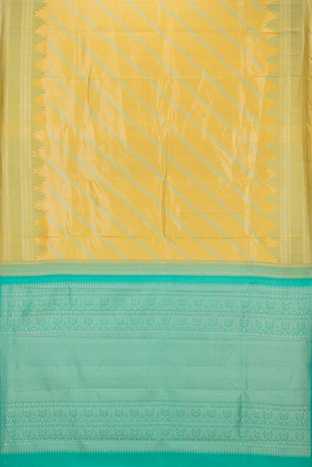 Flat view of Pure Silk Mustard Dual Tone Kanjivaram Saree with Zari Brocade on the body and Temple Border. 