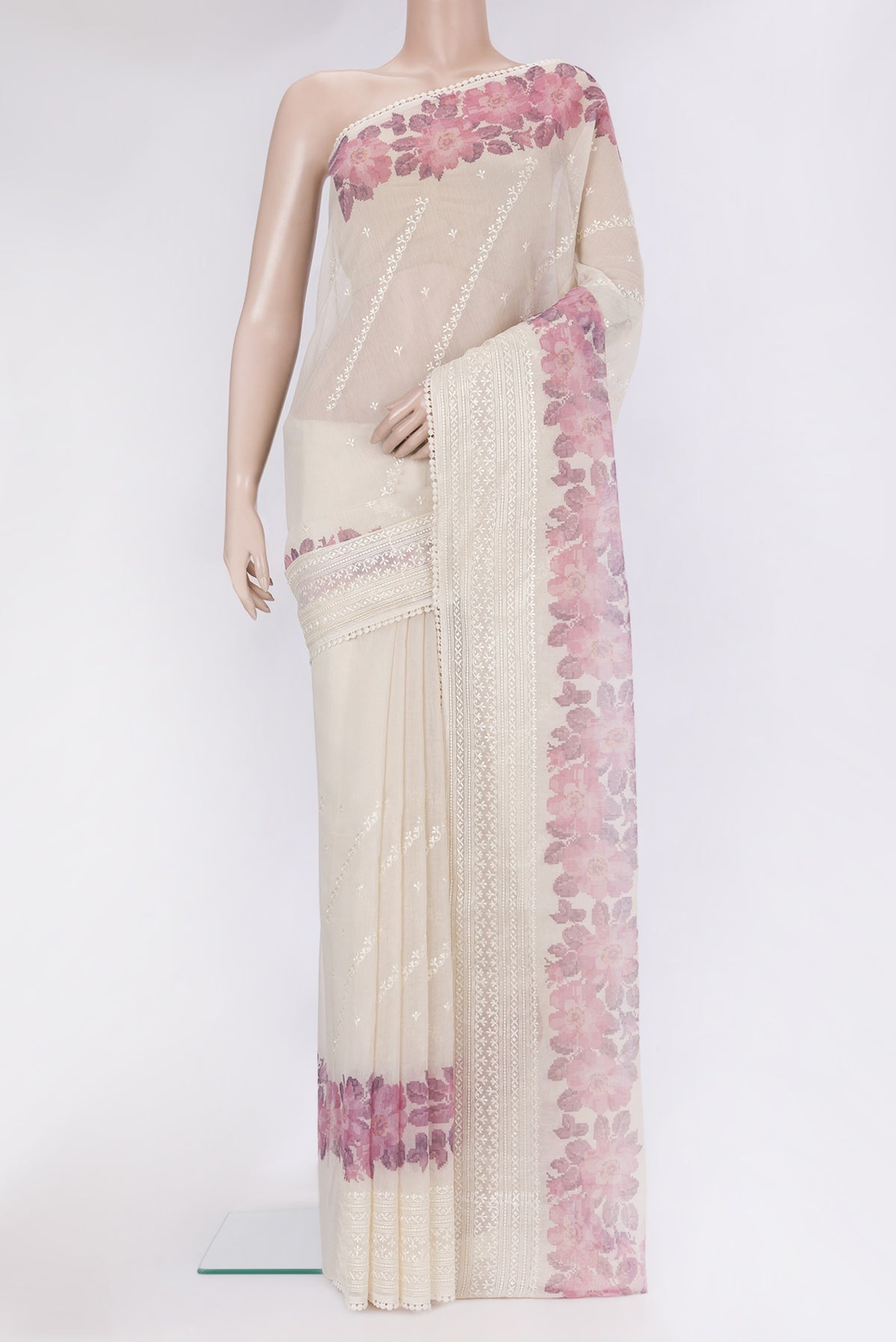 Cream Kota Silk Saree with Embroidery on the body and Embroidery Border.  displayed on a mannequin