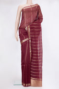 Coffee Brown Organza Silk Saree with Stripes on the body and Zari Border.  displayed on a mannequin