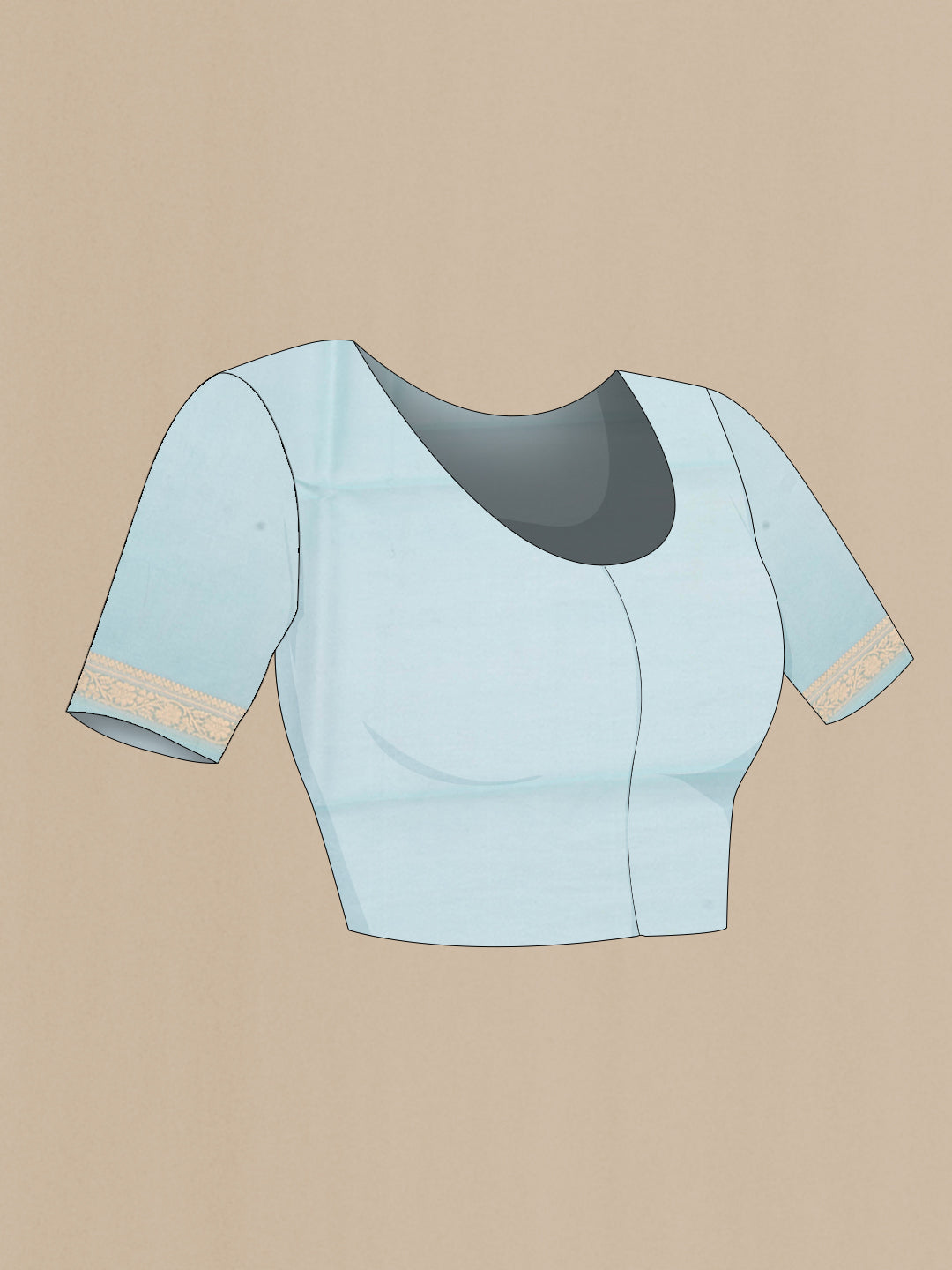 Close up image of the blouse of Light Blue Organza Silk Saree with Stripes on the body and Zari Border. 
