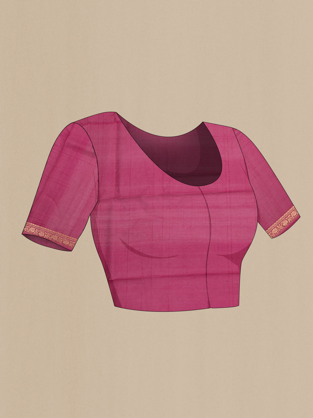 Close up image of the blouse of Dark Pink Organza Silk Saree with Stripes on the body and Zari Border. 