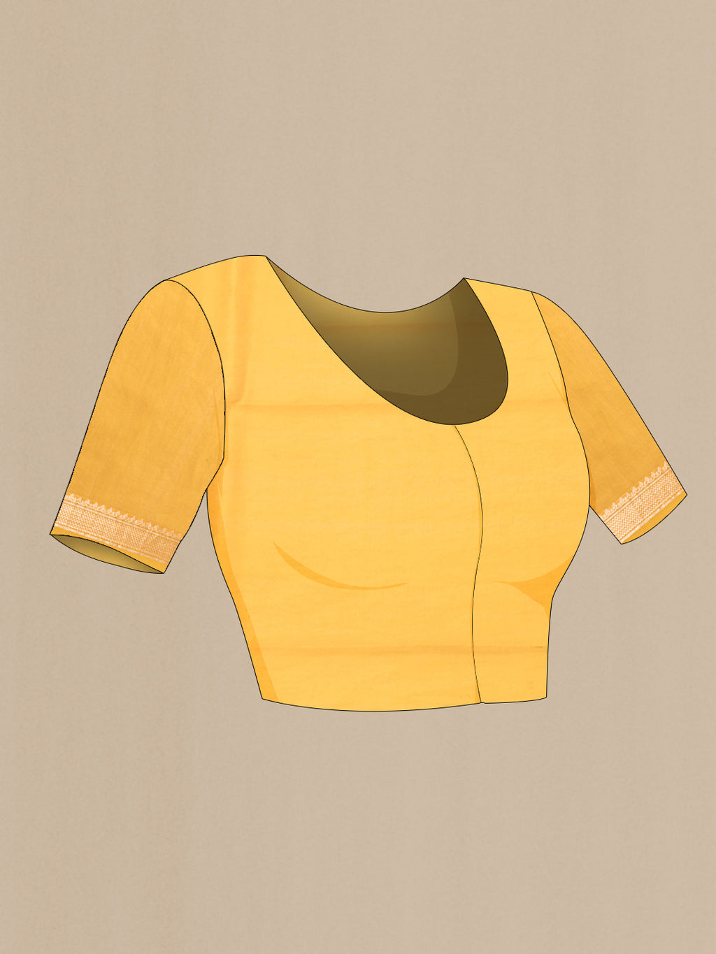 Close up image of the blouse of Yellow Organza Silk Saree with Stripes on the body and Zari Border. 
