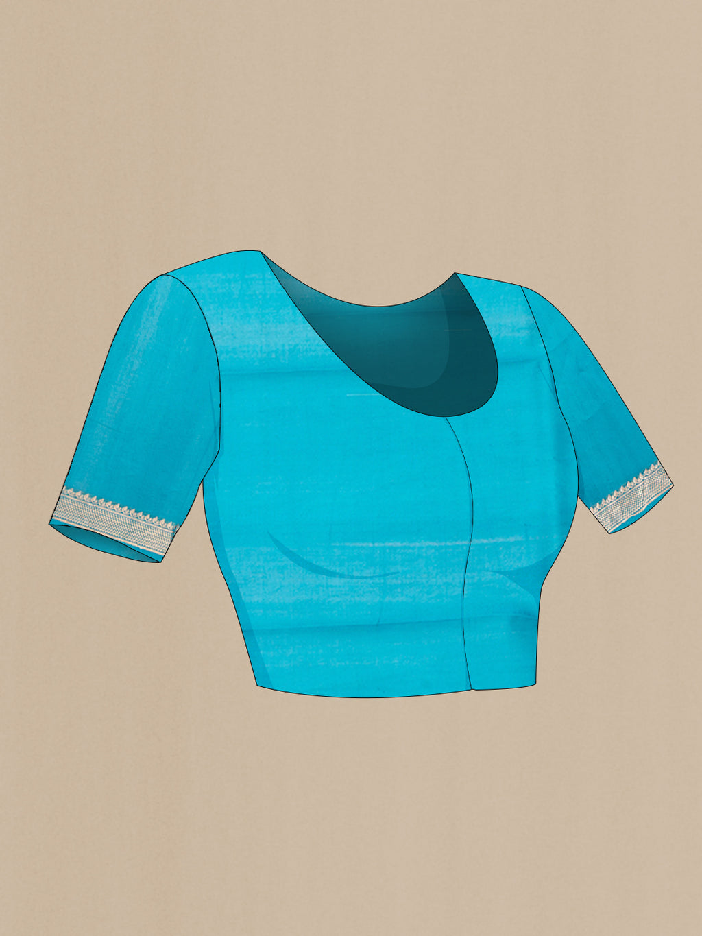 Close up image of the blouse of Sky Blue Organza Silk Saree with Stripes on the body and Zari Border. 