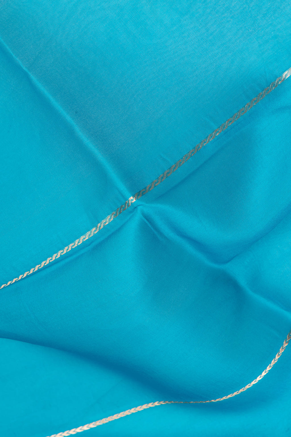 Close up of Sky Blue Organza Silk Saree with Stripes on the body and Zari Border.  displaying folds