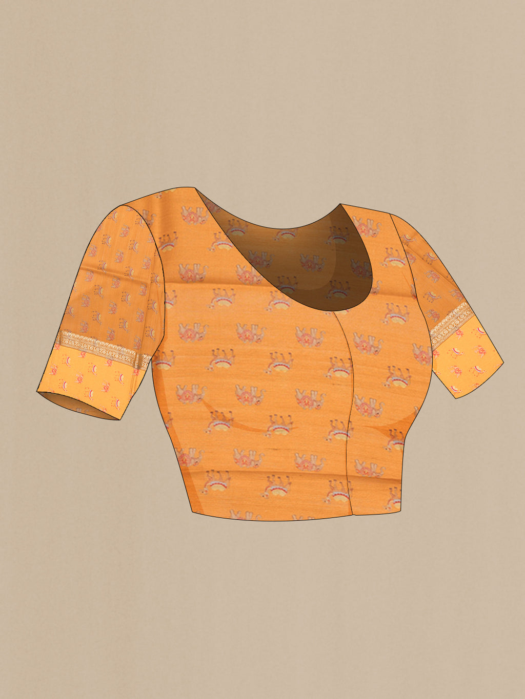 Close up image of the blouse of Mustard Tussar Silk Saree with Zari Butta on the body and Fancy Border. 