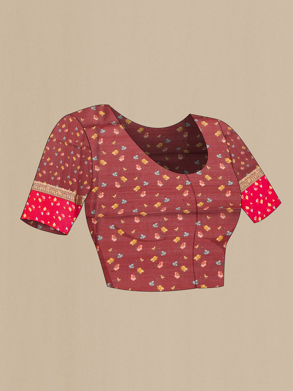 Close up image of the blouse of Maroon Tussar Silk Saree with Zari Butta on the body and Fancy Border. 