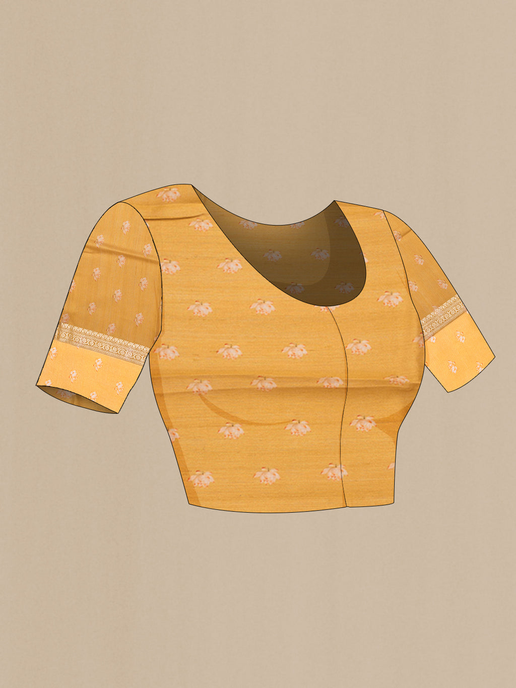 Close up image of the blouse of Mustard Tussar Silk Saree with Zari Butta on the body and Fancy Border. 