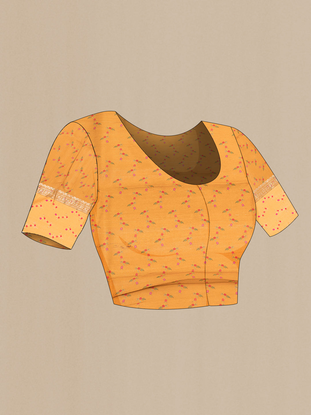 Close up image of the blouse of Mustard Tussar Saree with Zari Butta on the body and Fancy Border. 
