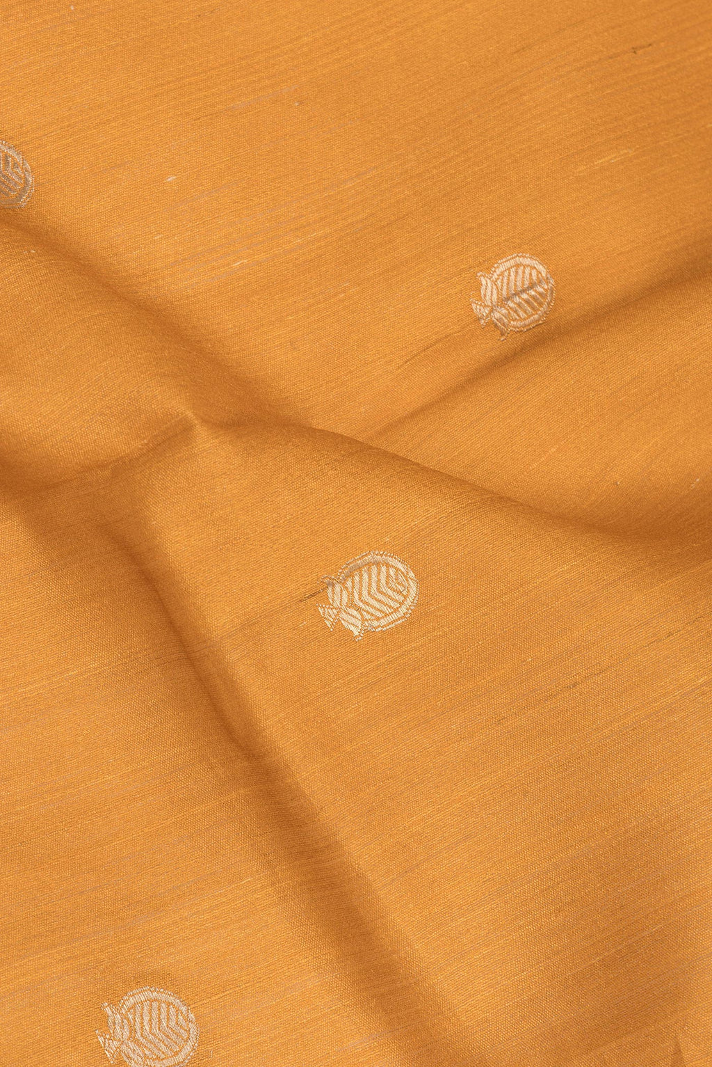 Close up of Mustard Tussar Saree with Zari Butta on the body and Fancy Border.  displaying folds