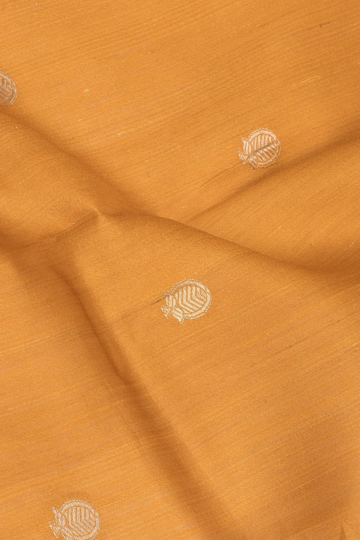 Close up of Mustard Tussar Saree with Zari Butta on the body and Fancy Border.  displaying folds