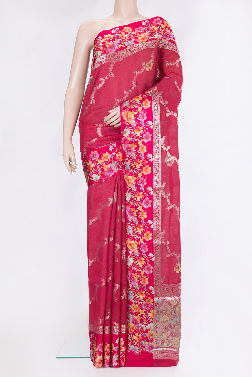 Dark Pink Tussar Silk Saree with Zari Brocade on the body and Fancy Border.  displayed on a mannequin