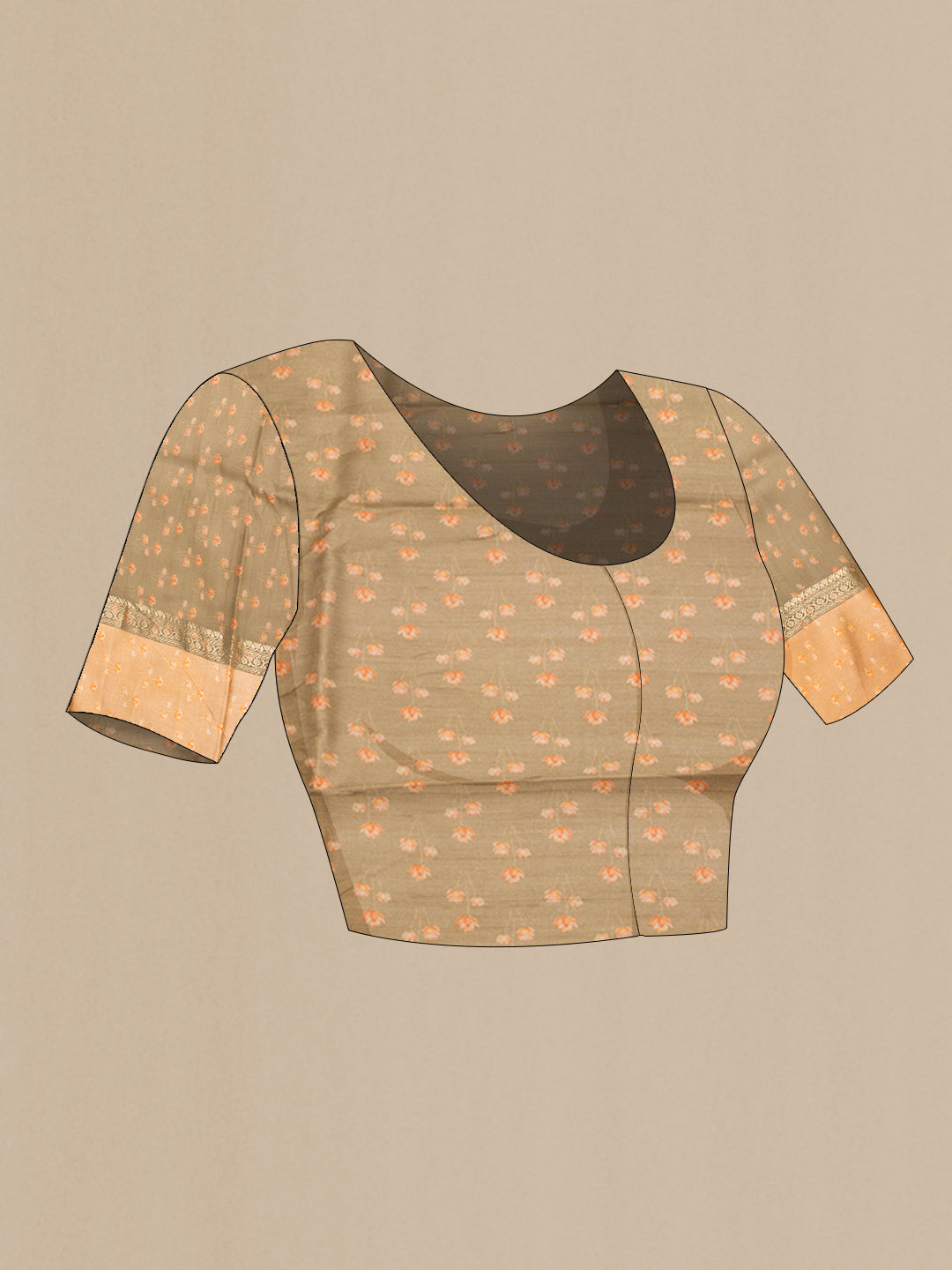 Close up image of the blouse of Dark Beige Tussar Silk Saree with Printed design on the body and Fancy Border. 