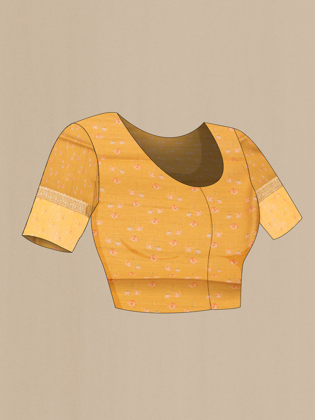 Close up image of the blouse of Mustard Tussar Silk Saree with Printed design on the body and Fancy Border. 