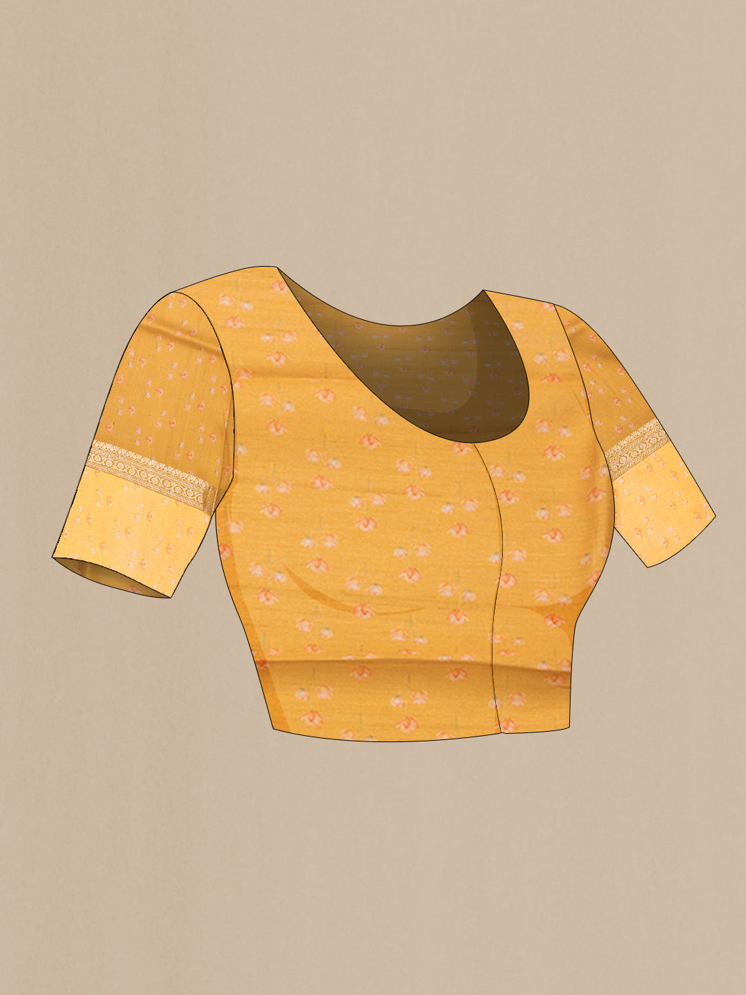 Close up image of the blouse of Mustard Tussar Silk Saree with Printed design on the body and Fancy Border. 