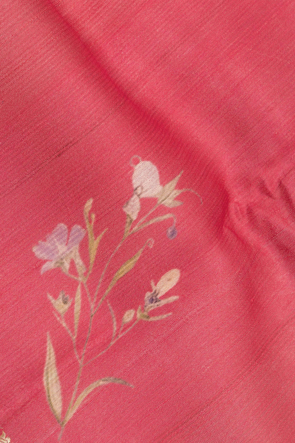 Close up of Coral Tussar Saree with Printed design on the body and Fancy Border.  displaying folds