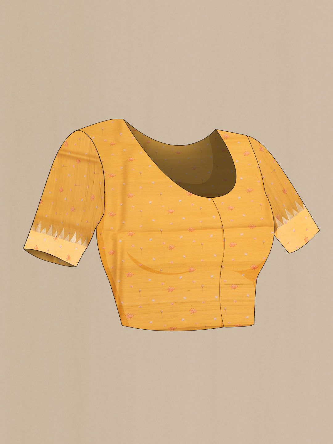 Close up image of the blouse of Mustard Tussar Saree with Printed design on the body and Fancy Border. 