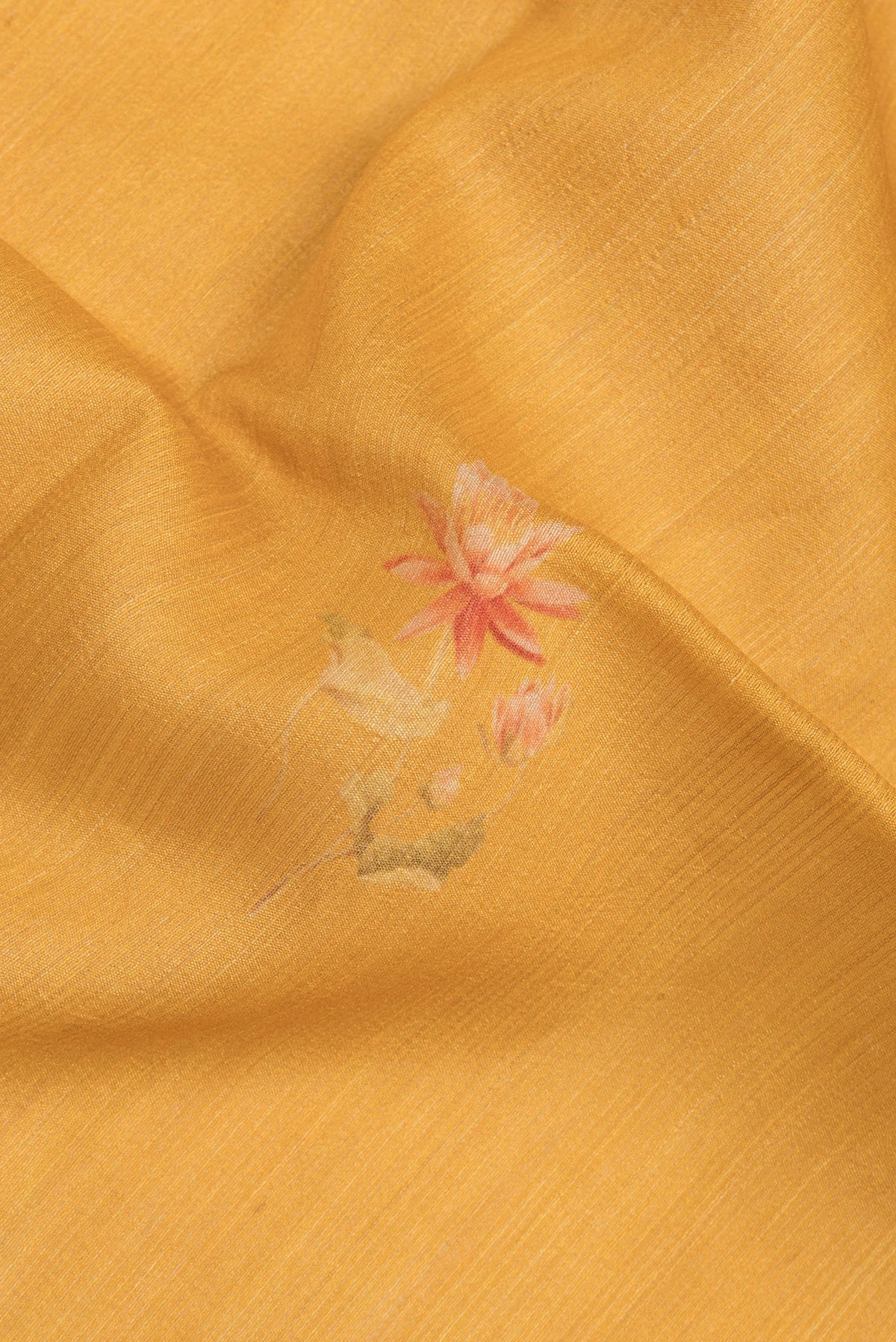 Close up of Mustard Tussar Saree with Printed design on the body and Fancy Border.  displaying folds